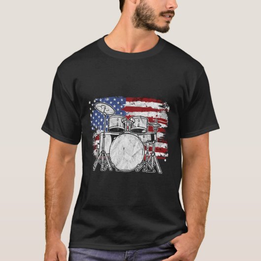 ドラマー太鼓セットドラムUSA国旗アメリカ合衆国4日Ju Tシャツ (正面)