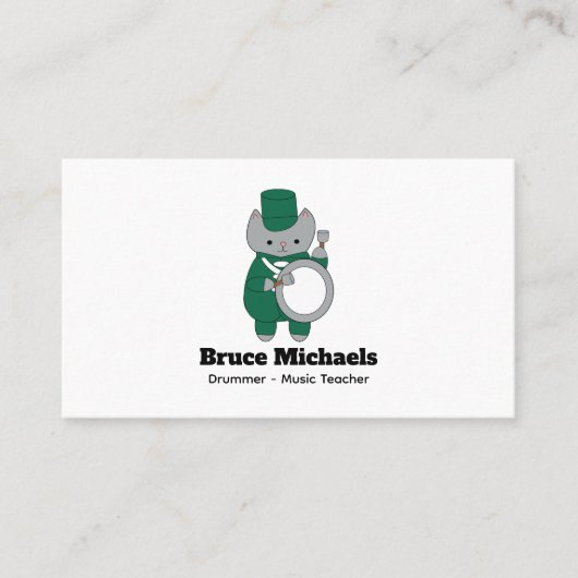 ドラマー猫マーチングバンドグリーンホワイトパーソナライズド 名刺 (正面)