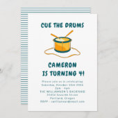 ドラマー ドラム ミュージック ブルー 4歳の誕生日パーティー 招待状 (正面/裏面)