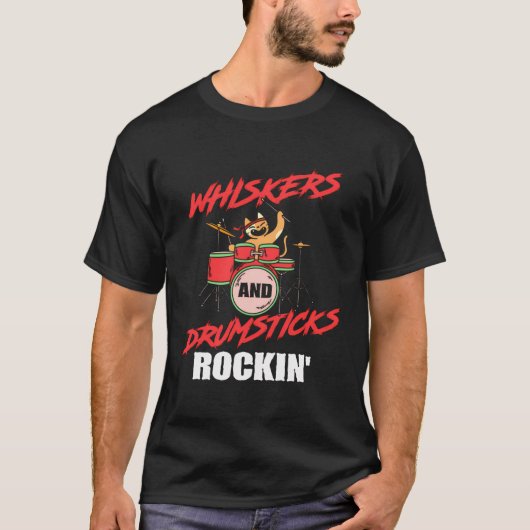 ドラミングドラマー猫好きパーカッション Tシャツ (正面)