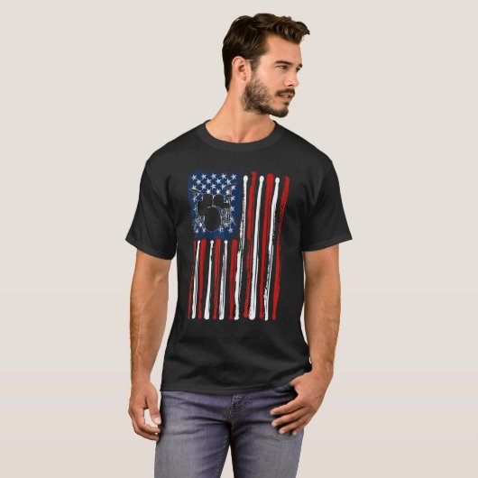 ドラミング・ドラマー・アメリカ合衆国7月の男性4日国旗 Tシャツ (正面フル)