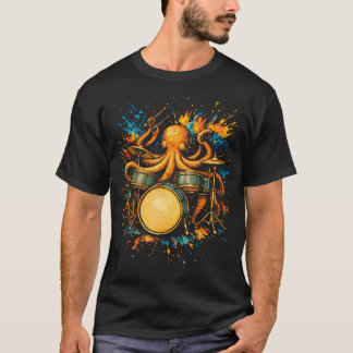ドラムを叩くタコのロックなデザイン Tシャツ