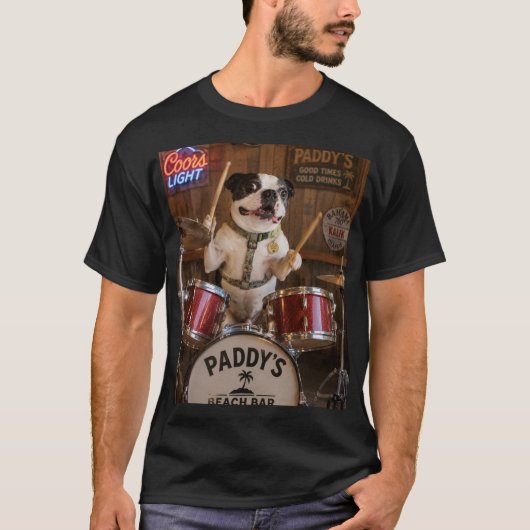 ドラムを叩くボストンテリア Tシャツ (正面)