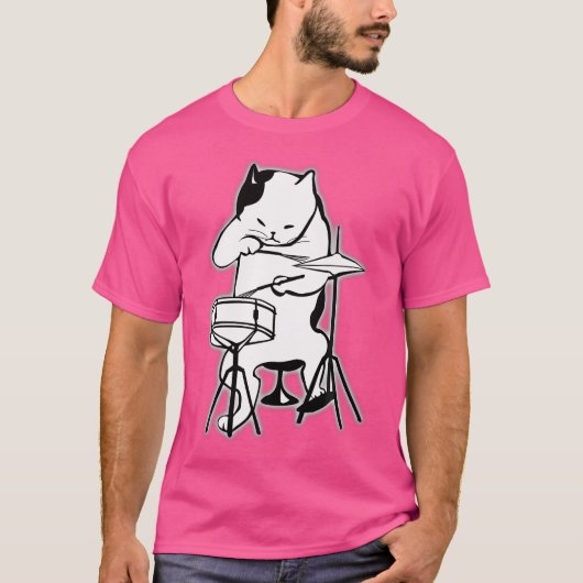 ドラムを演奏するクールな猫のTシャツ Tシャツ (正面)