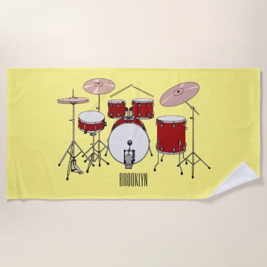 ドラムキット漫画イラストレーション ビーチタオル (正面)