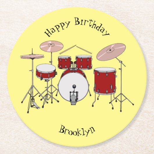 ドラムキット漫画イラストレーション ラウンドペーパーコースター (正面)