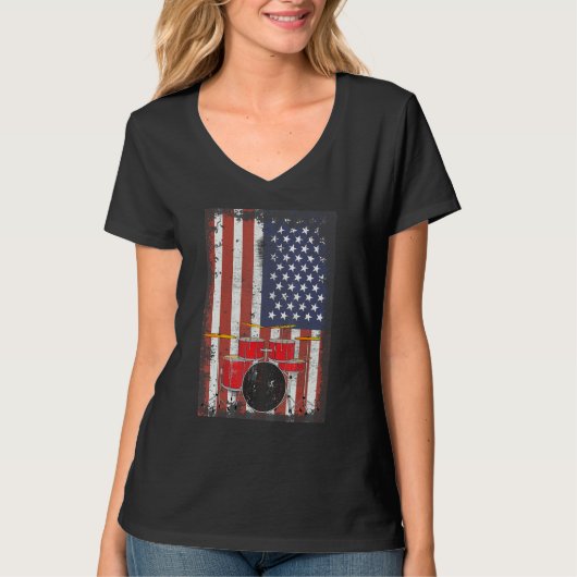 ドラムセットアメリカ国旗7月4日愛国心D Tシャツ (正面)