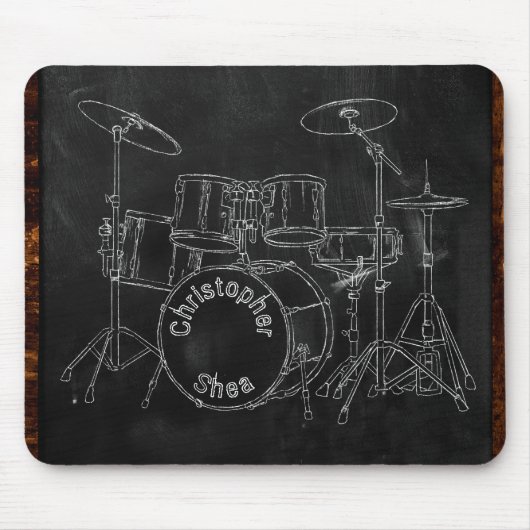 ドラムセットチョークスケッチアートを黒に追加任意の名前 マウスパッド (正面)