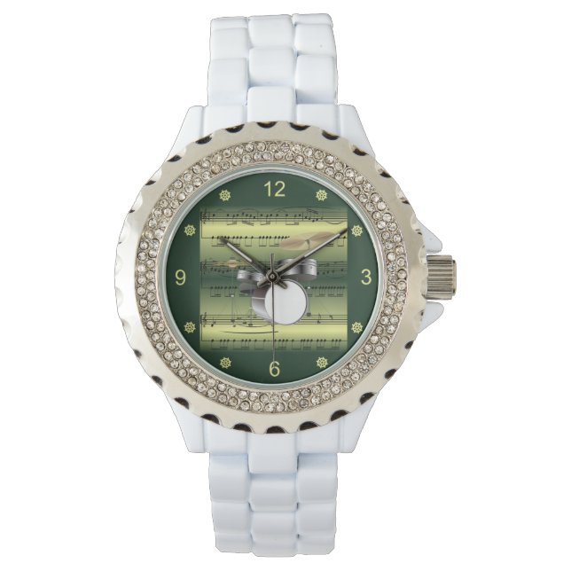 ドラムセット転が～シートミュージック～金ゴールド/緑の背景 腕時計 (正面)