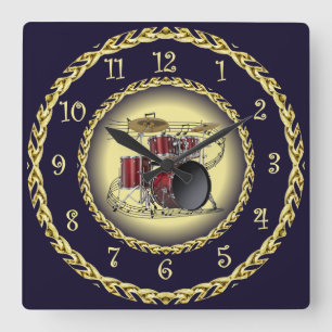 ドラムセット02～ミュージカルスクロール～金ゴールド/ネイビーブルー～ スクエア壁時計