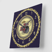 ドラムセット02~ミュージカルスクロール~金ゴールド/ネイビーブルー~ スクエア壁時計 (傾斜)