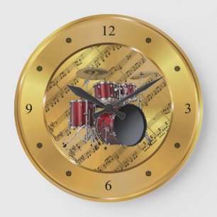 ドラムセット〜をシート音楽~金ゴールド背景~ユニーク ラージ壁時計