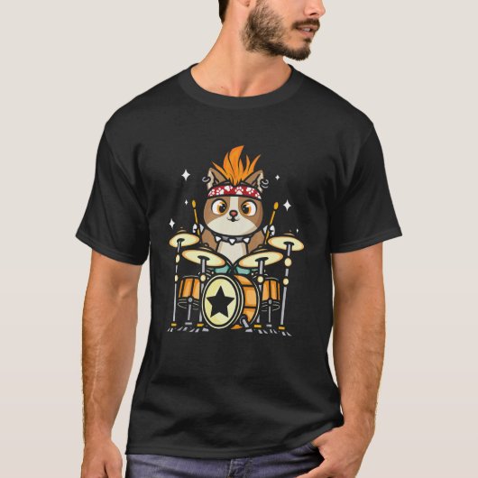 ドラムセット アニマル ドラマー 猫 音楽 キティ Tシャツ (正面)