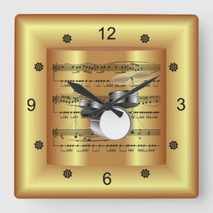 ドラムセット   ～カーブシートミュージック～金ゴールド背景  スクエア壁時計