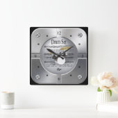 ドラムセット〜シート音楽~銀色ブラシ仕上げ スクエア壁時計 (ホーム)