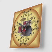 ドラムセット～ミュージカルスクロール～黄金背景～ スクエア壁時計 (傾斜)