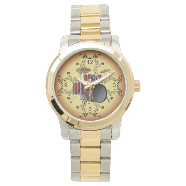 ドラムセット～ミュージカルスクロール～黄金背景～ 腕時計 (正面)