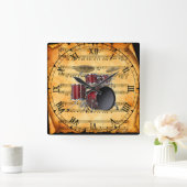 ドラムセット~ヴィンテージ楽譜の背景ユニーク~ スクエア壁時計 (ホーム)