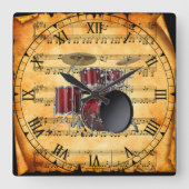 ドラムセット～ヴィンテージ楽譜の背景ユニーク～ スクエア壁時計 (正面)