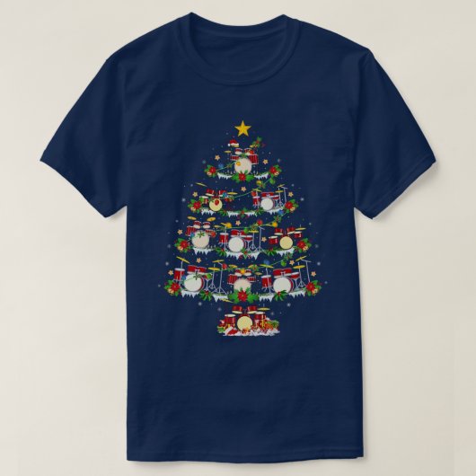 ドラムミュージックラバークリスマス照明ドラムクリスマスツリー Tシャツ (デザイン正面)