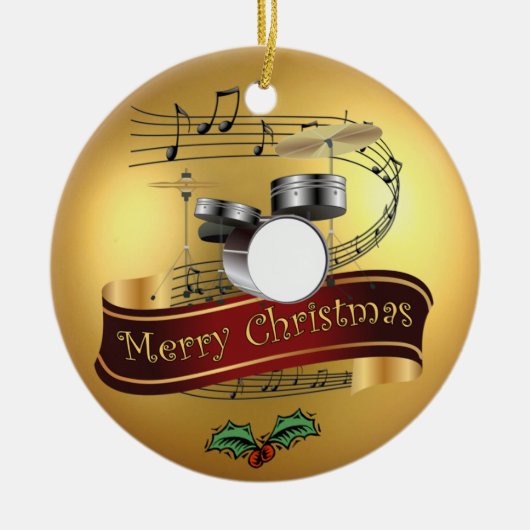 ドラム一定の~音楽的なスクロール~の金ゴールドのメリークリスマスの~ セラミックオーナメント (正面)