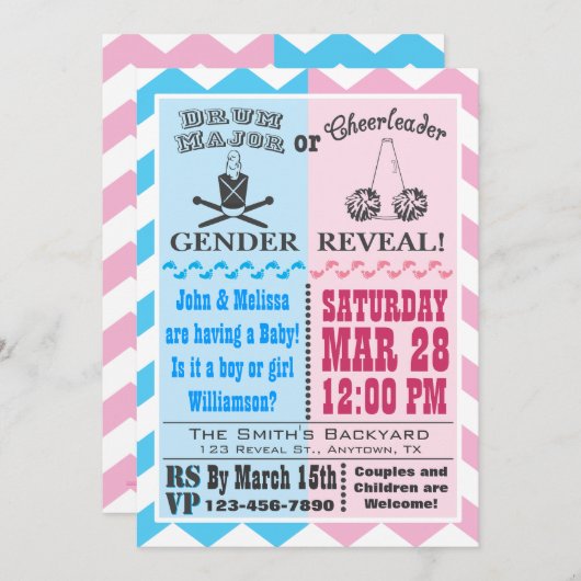 ドラム専攻のまたはチアリーダーの性別表示招待状 招待状 (正面/裏面)