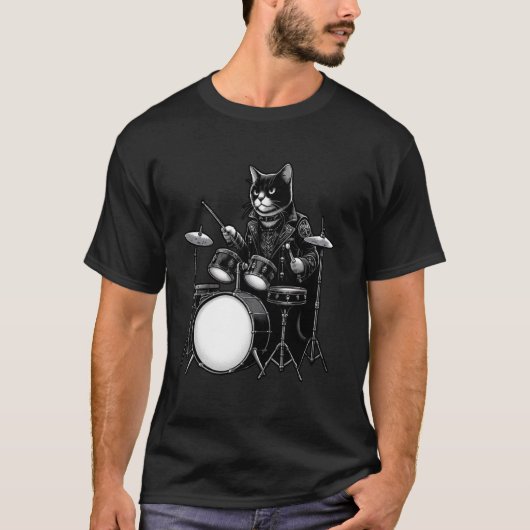 ドラム演奏する猫 猫好き ドラマー向け Tシャツ (正面)