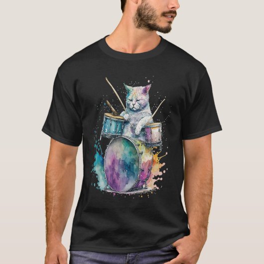 ドラム ドラマー 猫 4 Tシャツ (正面)