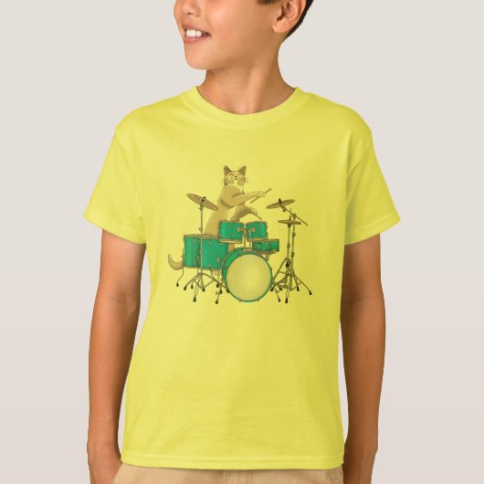 ドラム、青ドラマーのTシャツを遊んでいる猫 Tシャツ (正面)