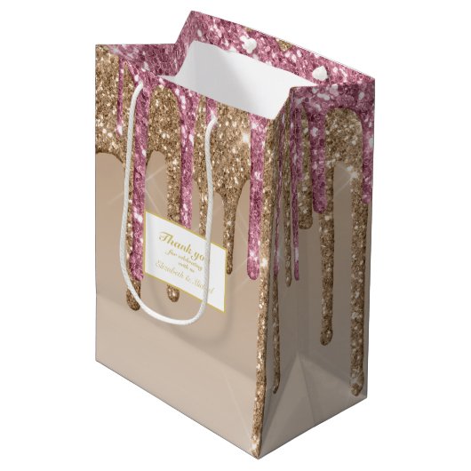 ドリッピンググリッターバラピンク金ゴールド女の子ありがとう ミディアムペーパーバッグ (正面アングル)