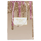 ドリッピンググリッターバラピンク金ゴールド女の子ありがとう ミディアムペーパーバッグ (正面)