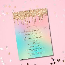 ドリッピングゴールドグリッター＆レインボー スイート16 誕生日 招待状