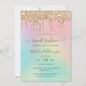 ドリッピング金ゴールドグリッター&レインボースウィート16誕生日 招待状 (正面)