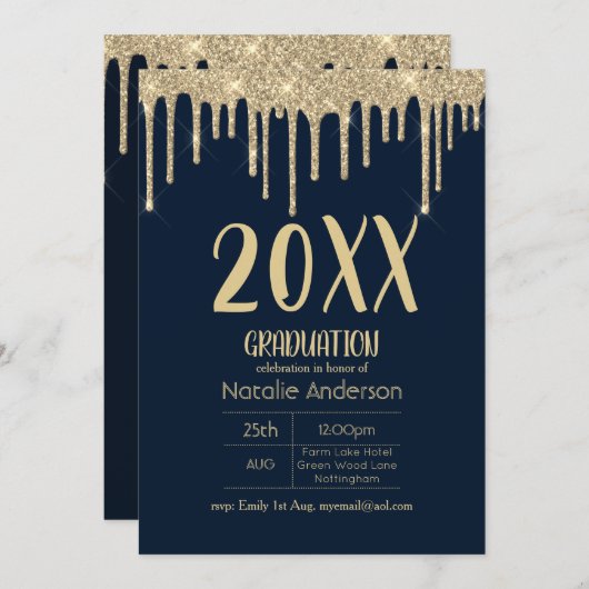 ドリッピング グリッター 卒業式 20xx 現代の最新版 招待状 (正面/裏面)