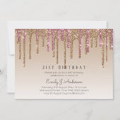 ドリッピング ローズゴールド グリッター 21歳の誕生日 ピンク 招待状 (正面)