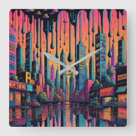 ドリッピーサイケデリックシティアート スクエア壁時計
