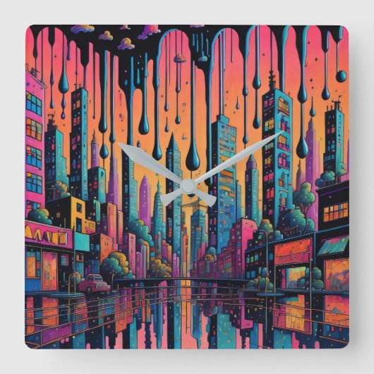ドリッピーサイケデリックシティアート スクエア壁時計 (正面)
