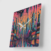 ドリッピーサイケデリックシティアート スクエア壁時計 (傾斜)