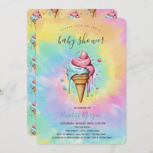 ドリップアイスクリームサマー絞り染めベビーシャワー 招待状 (正面/裏面)