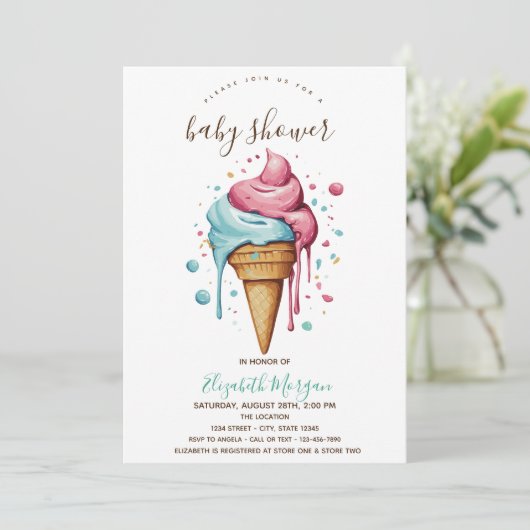 ドリップアイスクリームピンクストライプ色の夏の赤ちゃんシャワー 招待状 (スタンド正面)