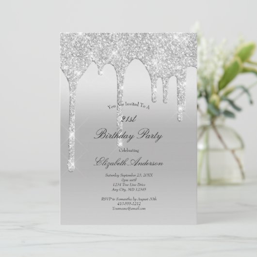 ドリップグリッターシルバーグきらきら光るラム21歳の誕生日 招待状 (スタンド正面)