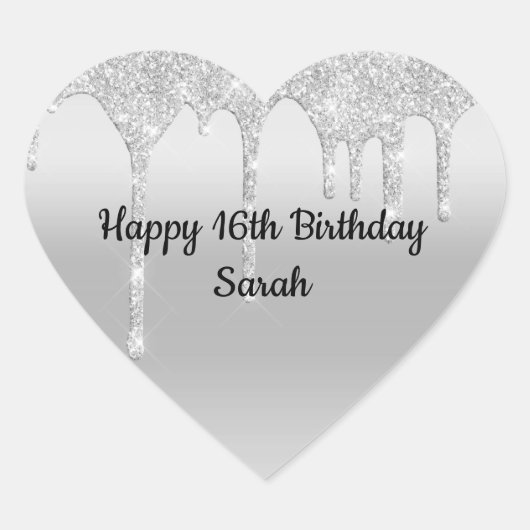 ドリップグリッターシルバーパーソナライズされた誕生日 ハートシール (正面)