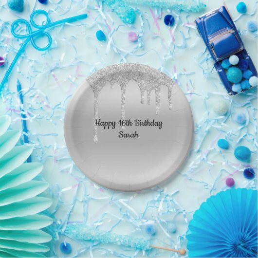ドリップグリッターシルバーパーソナライズされた誕生日 ペーパープレート (パーティー)
