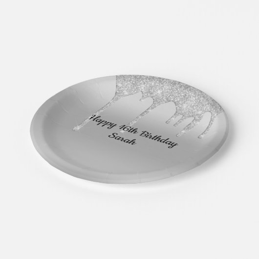 ドリップグリッターシルバーパーソナライズされた誕生日 ペーパープレート (アングル)