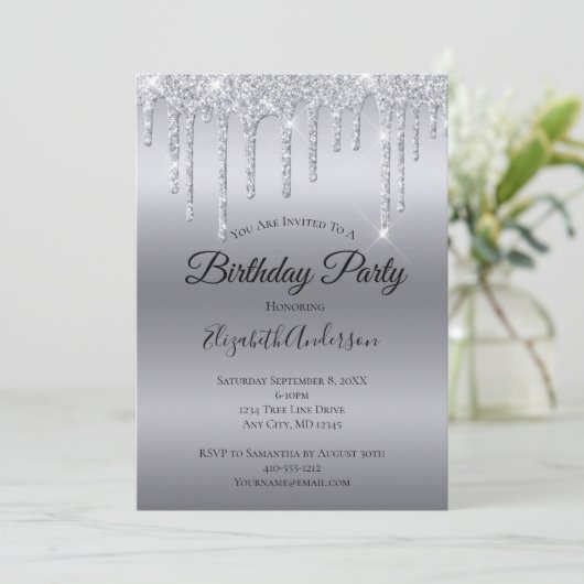ドリップグリッターシルバーパーソナライズされた誕生日 招待状 (スタンド正面)