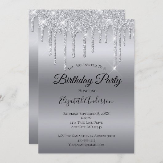 ドリップグリッターシルバーパーソナライズされた誕生日 招待状 (正面/裏面)