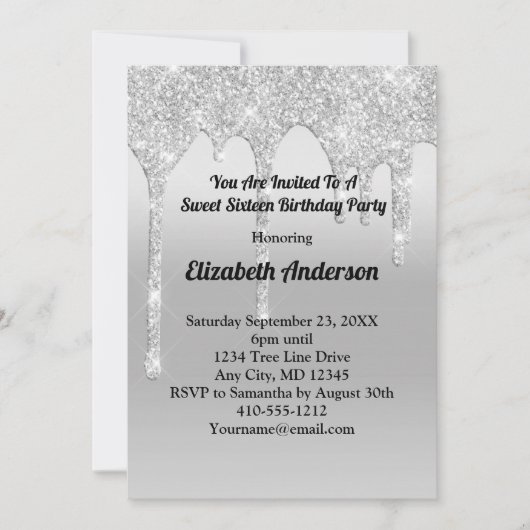 ドリップグリッターシルバーパーソナライズされたSweet sixteen 招待状 (正面)