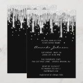 ドリップグリッターブライダル結婚ズブラックシルバーグレー 招待状 (正面/裏面)
