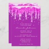 ドリップグリッターブライダル結婚ズブルーピンク明るい赤紫色 招待状 (正面/裏面)