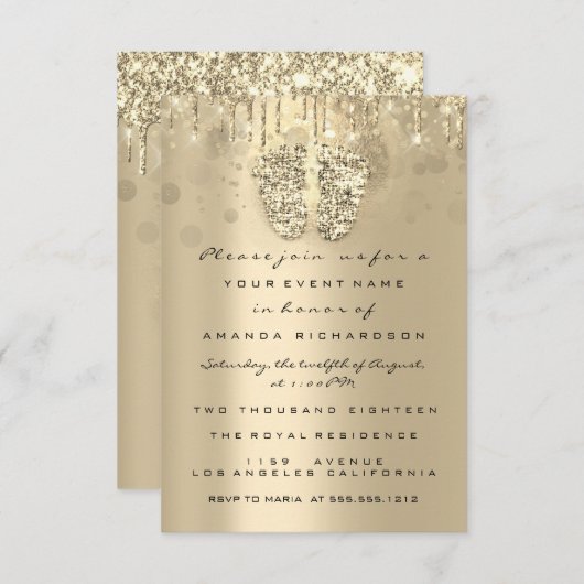 ドリップグリッターベビーシャワー足セピアドットガールボーイ 招待状 (正面/裏面)